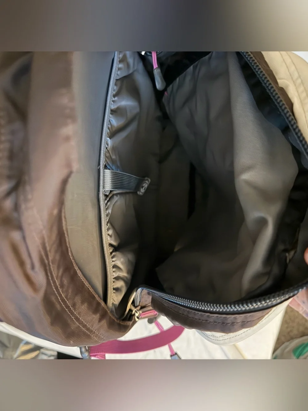 The North Face Borealis Backpack in Light Gray & Black/Brown with Pink Accents